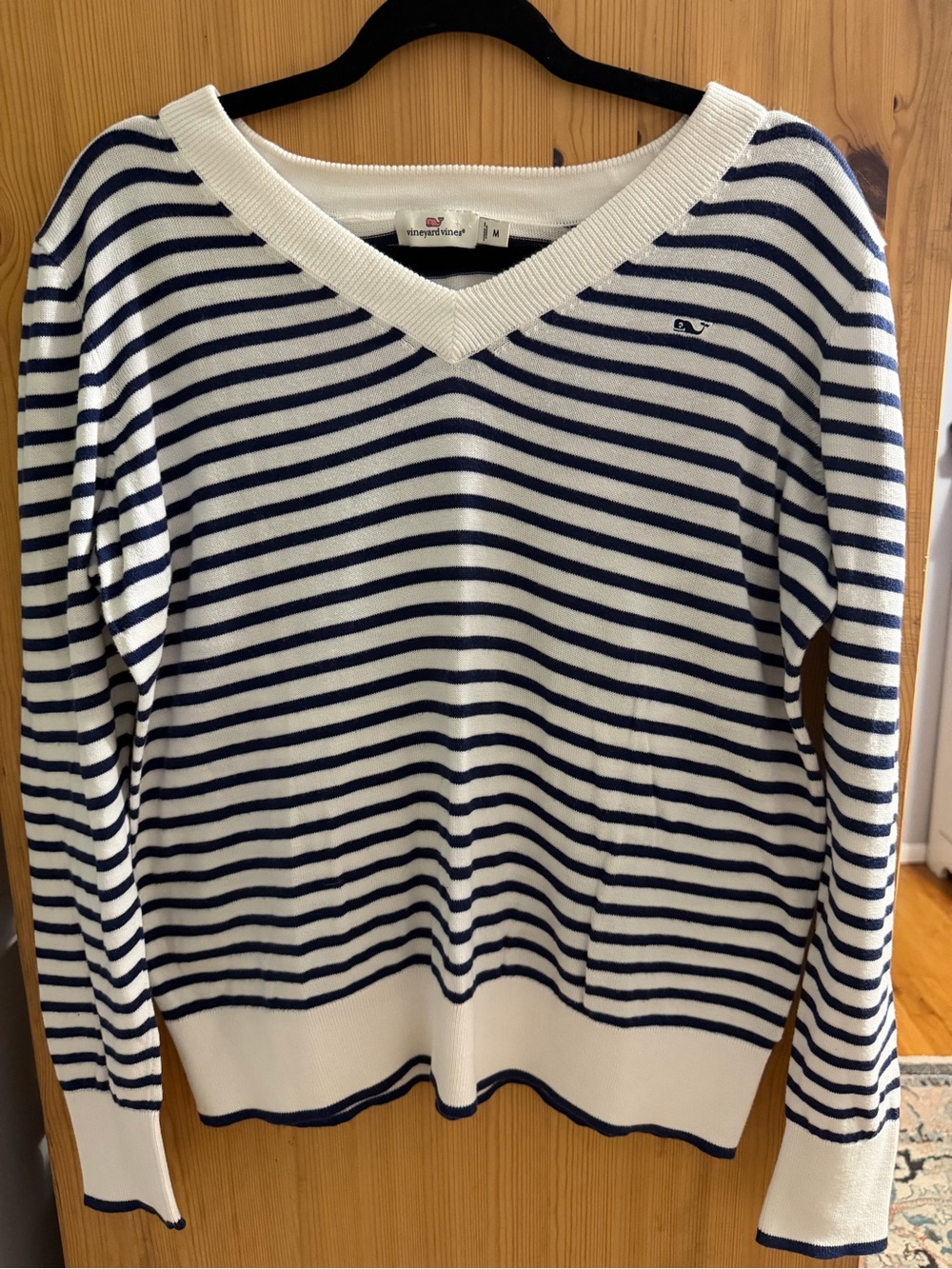 Vineyard Vines Navy and White Striped V-Neck Cotton Pullover